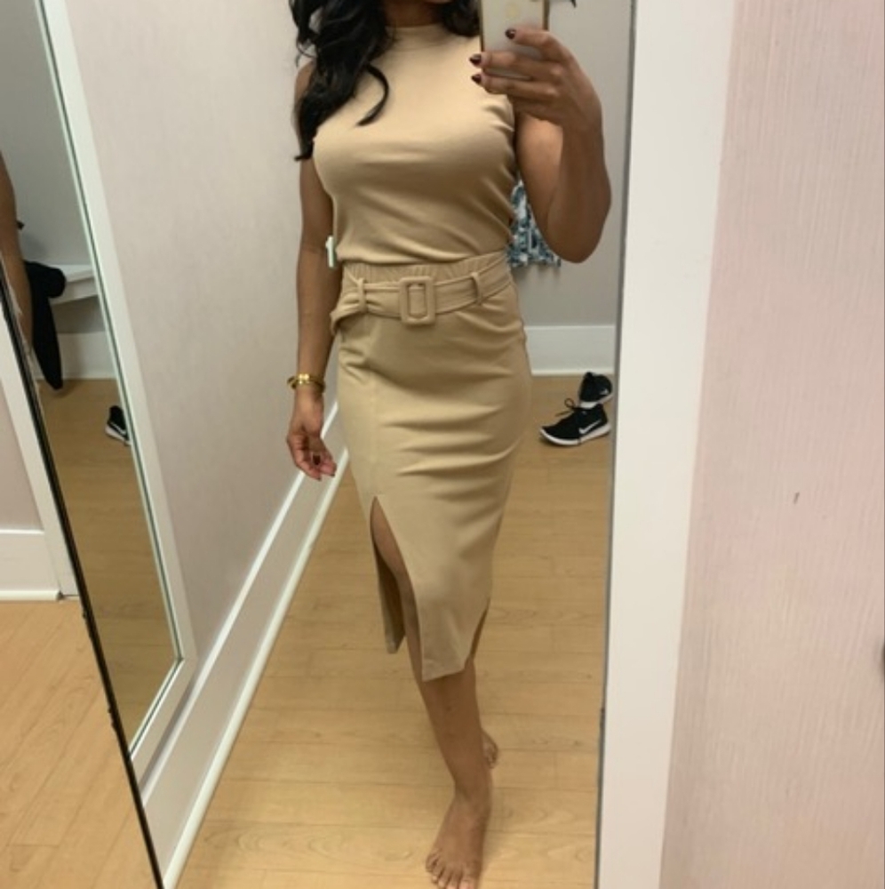 Lily Rose Tan Ribbed Sheath Midi Dress